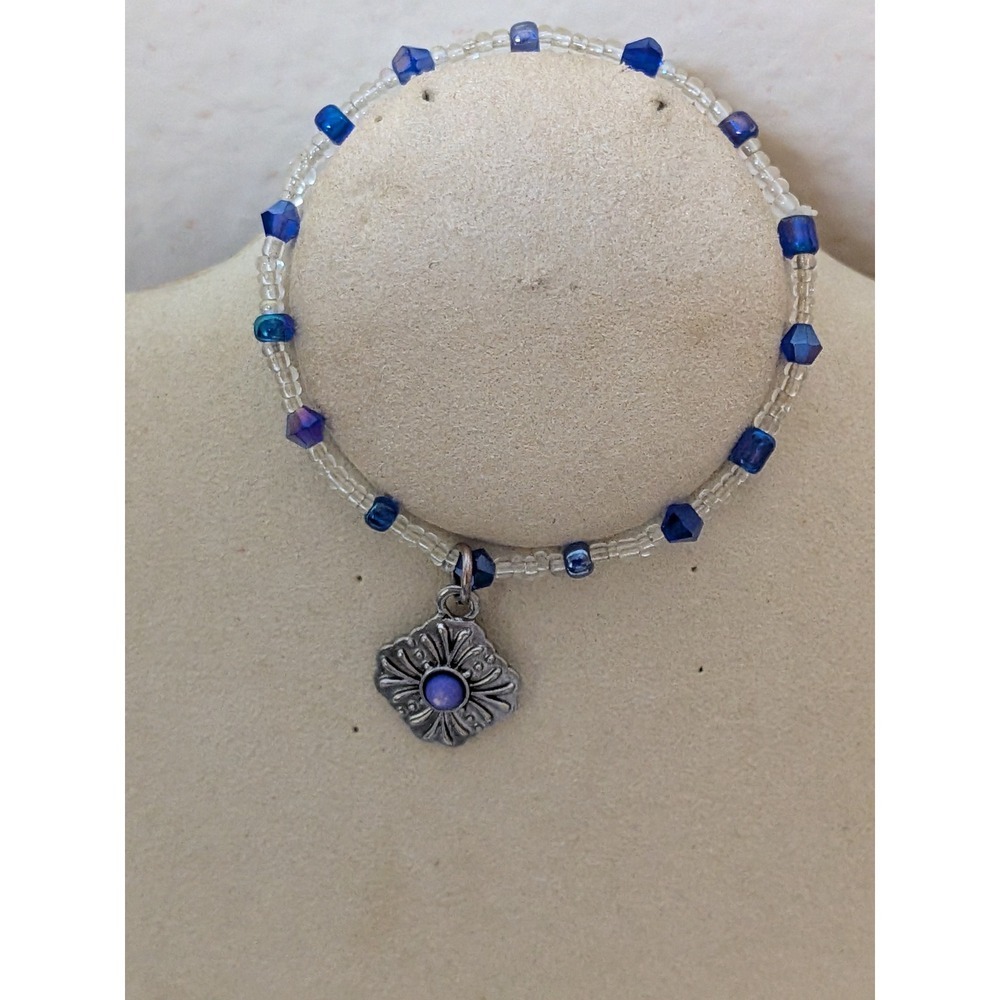 Set of 3 Beaded Bracelet & Earrings Blue Clear Faceted Beads Made With Love